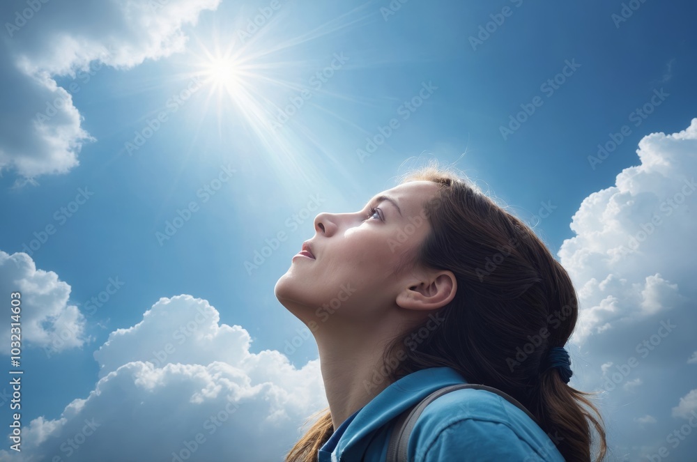 Caucasian woman looking up at bright sky with hope and joy Caucasian woman looking up at bright sky with hope and joy