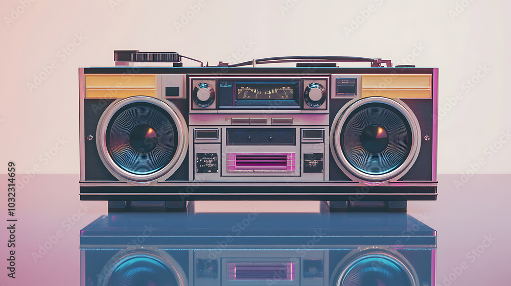 Fototapeta premium A vintage silver boombox with large speakers and cassette player