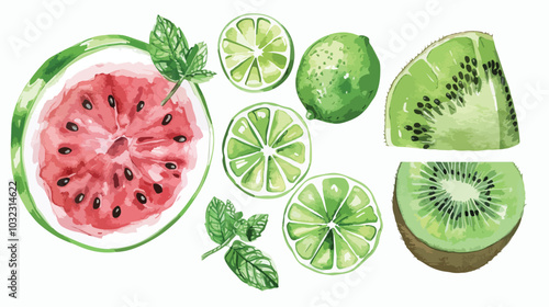 Vibrant Kiwi Fruit Watermelon Mint Lime Watercolor Hand Drawn Illustration