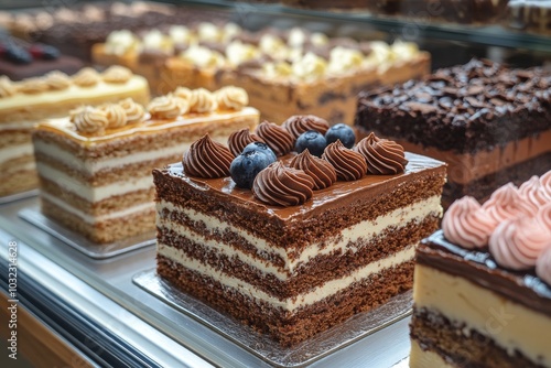 Close-up of a showcase with different tasty desserts in store