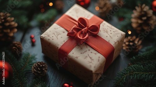 A gift with a red ribbon rests on a table amidst festive holiday decor photo