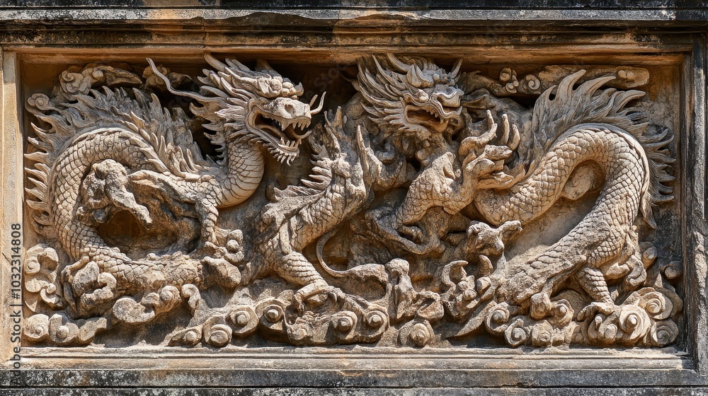 Stone fresco of dragons and griffins in battle deep relief carving with dramatic light and shadow play Stone fresco of dragons and griffins in battle deep relief carving with dramatic light and shadow play