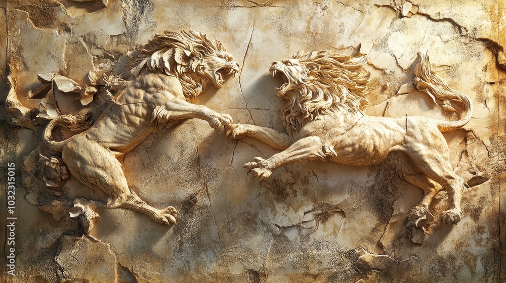 Stone fresco of griffins and lions in battle dynamic poses carved in fine detail sunlight casting harsh shadows Stone fresco of griffins and lions in battle dynamic poses carved in fine detail sunlight casting harsh shadows