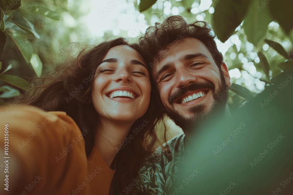 Naklejka premium Happy couple smiling and laughing together outdoors