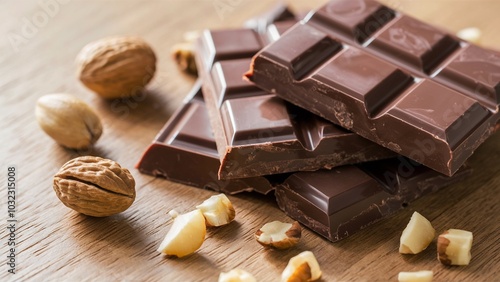 Close-up of broken chocolate bar with scattered nuts