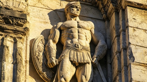 Roman gladiator carved in high relief holding sword and shield eroded stone illuminated by warm afternoon sun photo