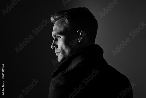 Profile of a man in a dramatic black and white portrait with deep shadows

