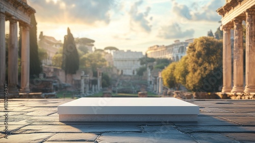 Modern minimalist platform in ancient Roman Forum during sunset with historic...