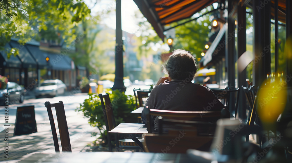 Naklejka premium Outdoor Cafe Scene with Elderly Woman Enjoying Coffee 