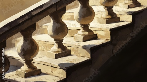 Worn stone balustrade with rounded balusters weathered by time bathed in soft light