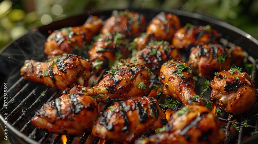 Grilled chicken drumsticks sizzling over flames on a barbecue grill. Grilled chicken drumsticks sizzling over flames on a barbecue grill.