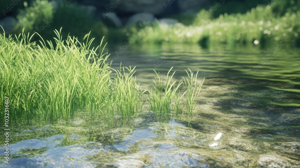 Fototapeta premium Grass growing along the edge of a clear stream, with detailed reflections in the water