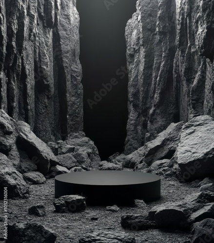 A dark, rocky canyon with a circular platform at the center illuminated by am...