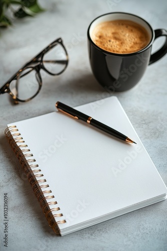 Blank notebook, pen, glasses, and coffee cup arranged on a gray desk for crea...