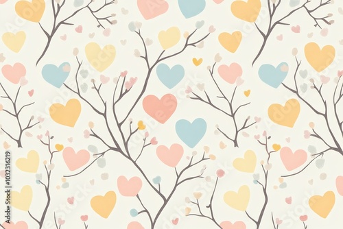 Cute heart and branch pattern on a pastel background