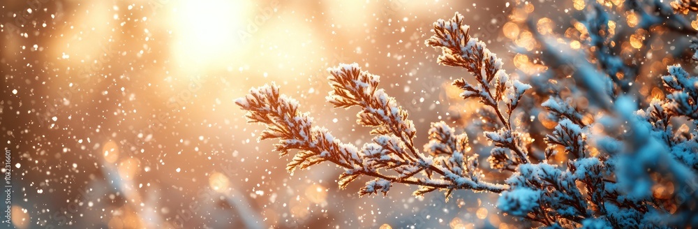 Snow-covered branches glowing in golden sunlight during a winter snowfall Generative AI Snow-covered branches glowing in golden sunlight during a winter snowfall Generative AI