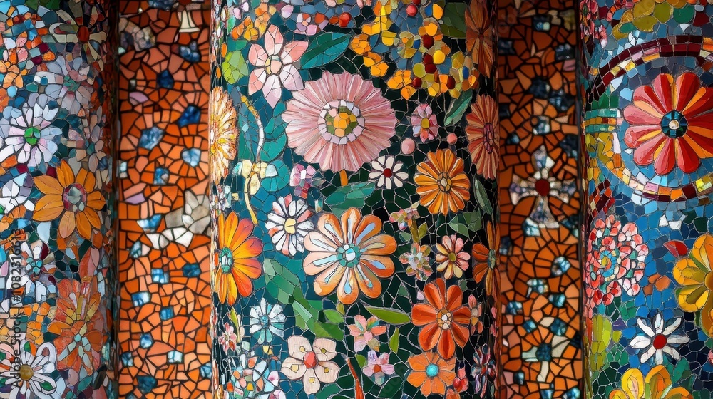 Mosaic-covered column with intricate patterns of flowers and shapes colors sparkling softly Mosaic-covered column with intricate patterns of flowers and shapes colors sparkling softly