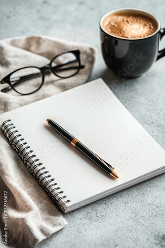 Blank notebook, pen, glasses, and coffee cup arranged on a gray desk for crea...