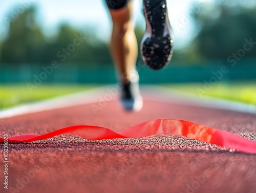 A track and field athlete runs through the finish line, tied with a red ribbon photo