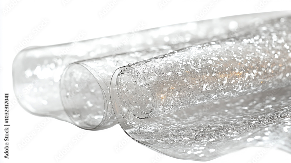 A close-up of the transparent plastic wrap material, with clear textures and a glossy surface. The background is white to highlight the texture of each layer of the wrapping film. A close-up of the transparent plastic wrap material, with clear textures and a glossy surface. The background is white to highlight the texture of each layer of the wrapping film.