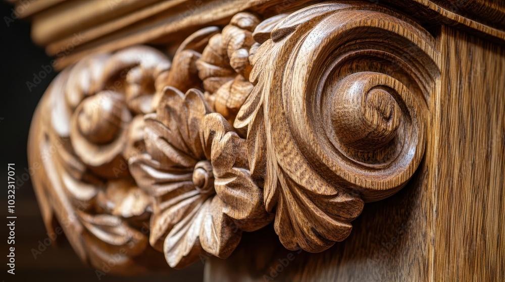 Delicate floral and scroll carvings on a wooden column base highlighted by warm light Delicate floral and scroll carvings on a wooden column base highlighted by warm light