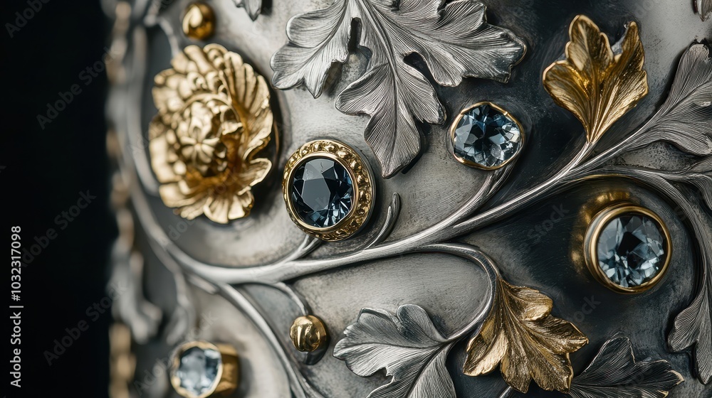 Silver column with gemstones and gold accents softly reflecting light for sparkle Silver column with gemstones and gold accents softly reflecting light for sparkle