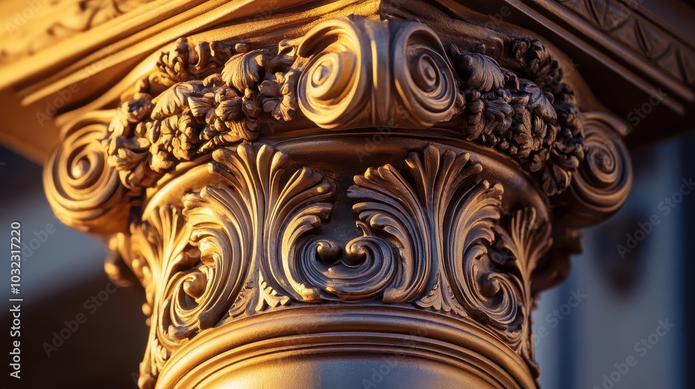 Bronze column capital with intricate patterns softly reflecting warm light and shadows Bronze column capital with intricate patterns softly reflecting warm light and shadows