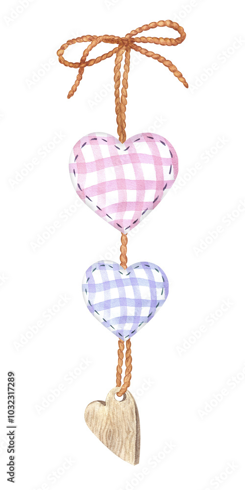 Pendant with hearts made of fabric and wood with jute ropes. Isolated composition hand-painted with watercolors on a white background. Collections for Valentine's Day. For design, souvenirs, printing Pendant with hearts made of fabric and wood with jute ropes. Isolated composition hand-painted with watercolors on a white background. Collections for Valentine's Day. For design, souvenirs, printing