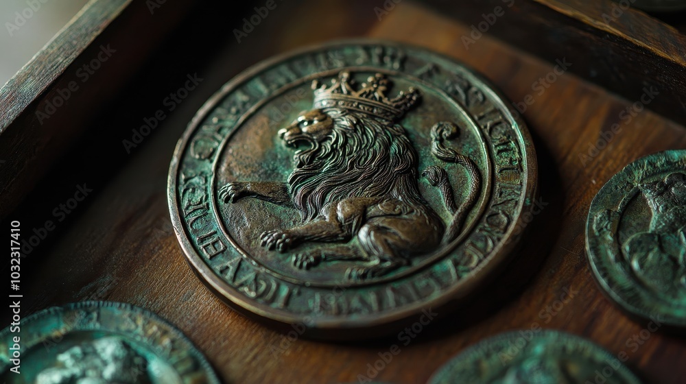 Aged bronze coin with lion and crown engraving resting in a wooden tray with soft light Aged bronze coin with lion and crown engraving resting in a wooden tray with soft light