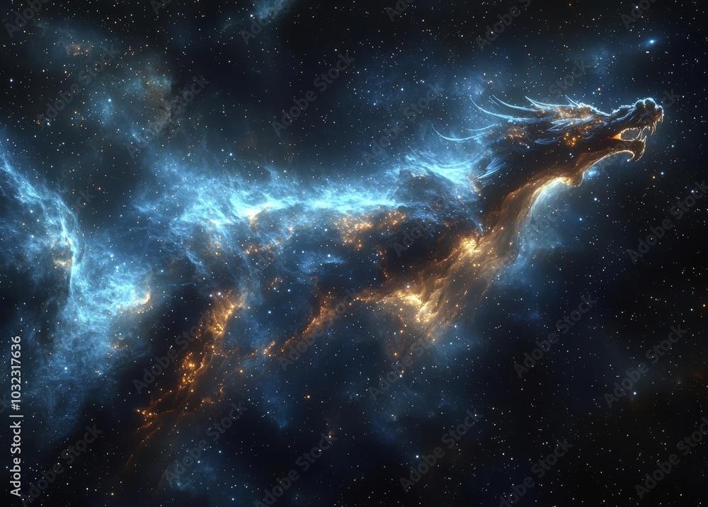 Cosmic nebula with dragon shape , isolated on white background, , free space text, copy space, copy space for text, Cosmic nebula with dragon shape , isolated on white background, , free space text, copy space, copy space for text,