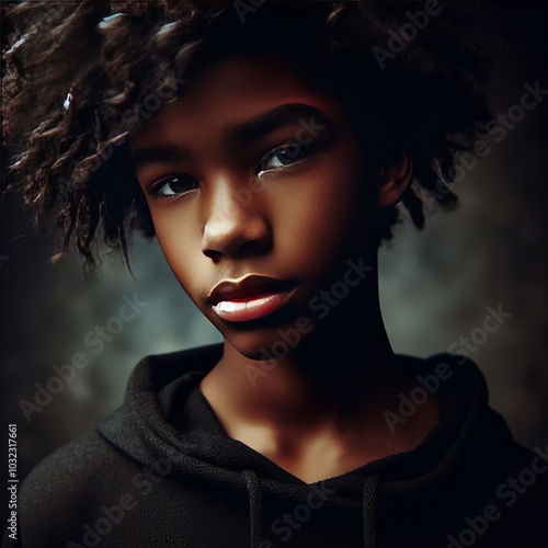 Moody dramatic portrait of a boy with a confident outgoing perso photo