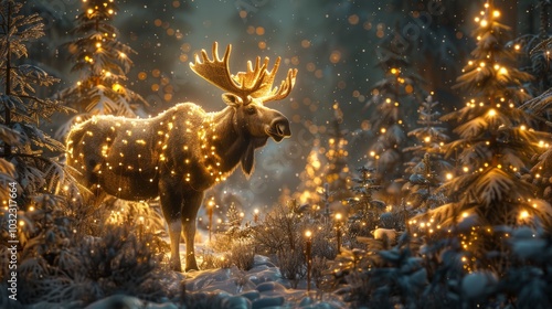 A majestic moose stands in a snowy forest, illuminated by warm Christmas lights.