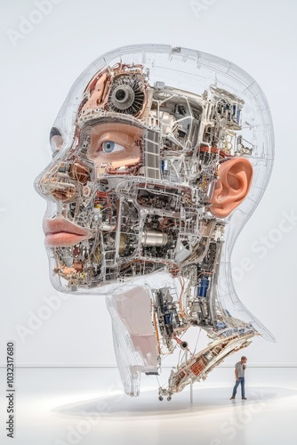 Intricate robotic head sculpture showcasing inner mechanics