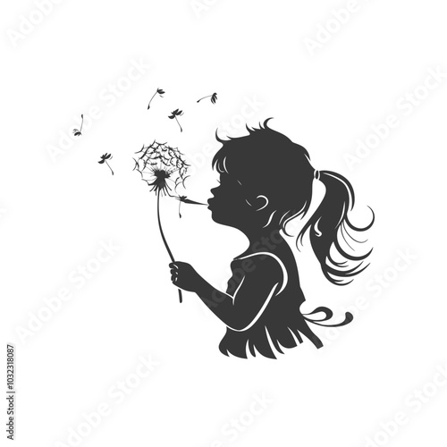 Silhouette of a Young Girl Blowing on a Dandelion