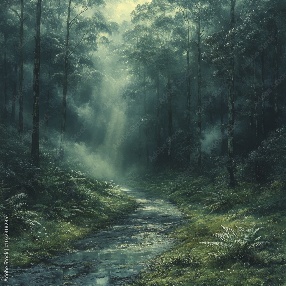 Winding path and gentle light in a serene pine forest shrouded in morning fog Winding path and gentle light in a serene pine forest shrouded in morning fog