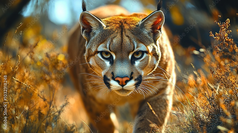 Stealthy Cougar Prowling Through a Mountainous Area: A Majestic Predator Blending In Stealthy Cougar Prowling Through a Mountainous Area: A Majestic Predator Blending In