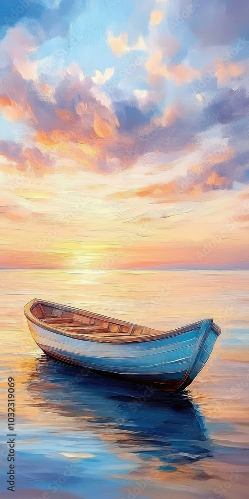 Fototapeta premium Serene sunset over a tranquil boat on calm waters