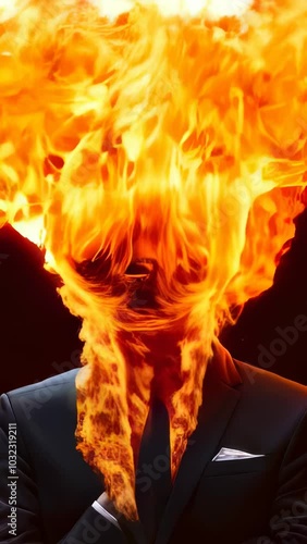 Surreal man in suit amidst flames and smoke, dramatic explosion of fire symbolizes chaos and intense emotions, creating striking visual impact.