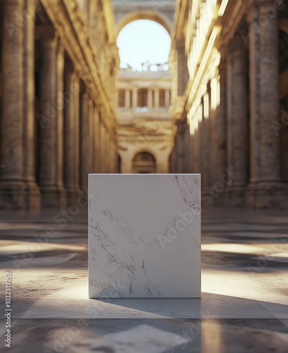 Marble block placed on the polished floor in a grand hallway of a historic ar...