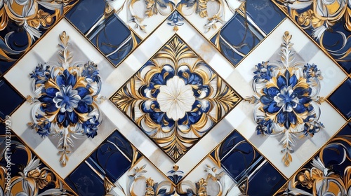 Geometric mural of diamonds and octagons painted in bold blue white and gold with intricate floral designs