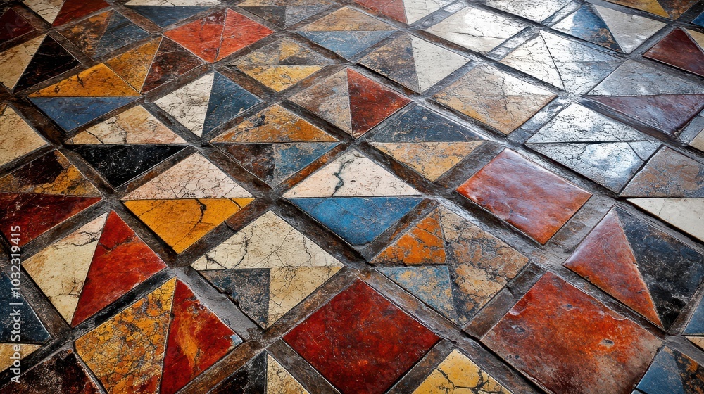 Interlocking triangles and squares forming a 3D effect in a colorful floor mosaic softly illuminated Interlocking triangles and squares forming a 3D effect in a colorful floor mosaic softly illuminated