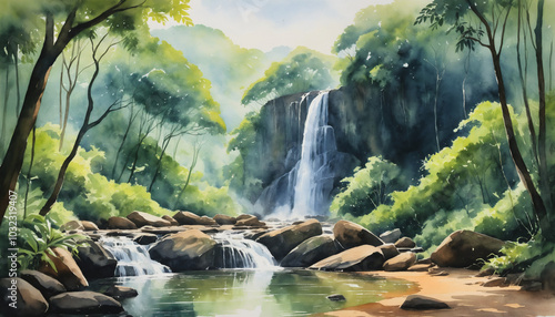 A serene watercolor depiction of Simlipal National Park in Odisha, showcasing lush green forests, cascading waterfalls, and vibrant wildlife.  photo