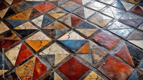 Interlocking triangles and squares forming a 3D effect in a colorful floor mosaic softly illuminated