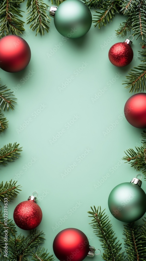 red and green Christmas balls and fir branches forming a frame, light green background red and green Christmas balls and fir branches forming a frame, light green background