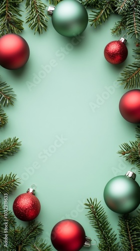 Wallpaper Mural red and green Christmas balls and fir branches forming a frame, light green background Torontodigital.ca