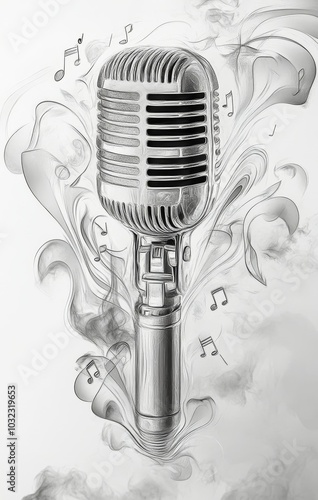 A vintage microphone shines brightly on stage surrounded by sparkling lights ...