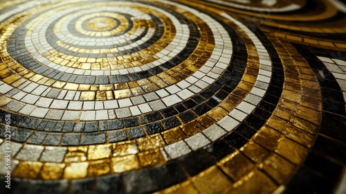 Glossy mosaic of black white and gold squares and circles on the floor reflecting bright light
