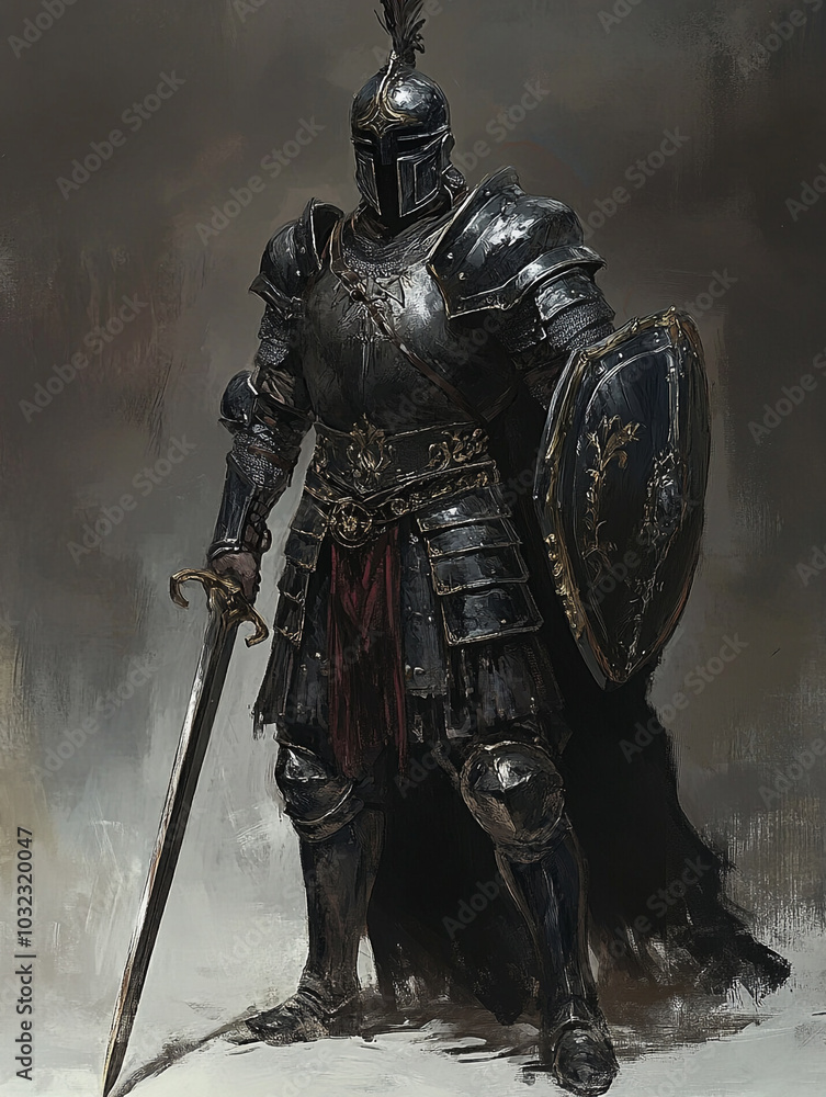 Man in heavy black plate armor holding a weapon in hand. Man in heavy black plate armor holding a weapon in hand.