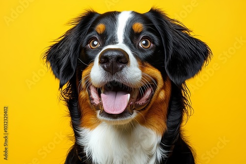 Funny Andalusian ratonero dog on yellow background , isolated on white background, , free space text, copy space, copy space for text,