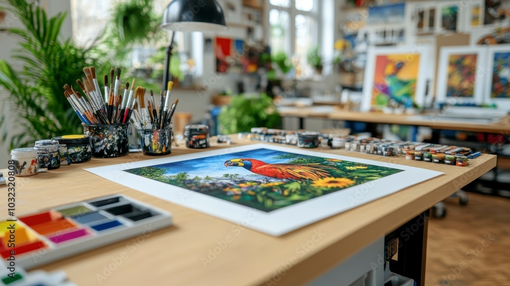 A vibrant art studio featuring a colorful parrot painting and various art supplies. A vibrant art studio featuring a colorful parrot painting and various art supplies.